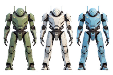 Fototapeta premium This image showcases three identical humanoid robots, distinguished by their different colors: green, white, and blue.