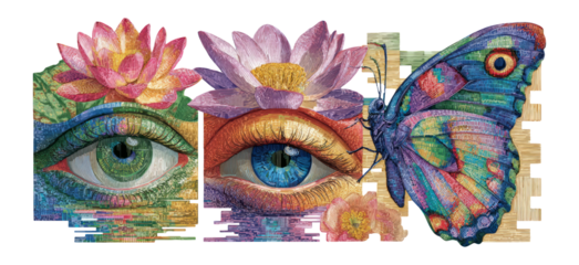 Colorful Eye Artwork with Butterfly and Lotus Flowers on Transparent Background
