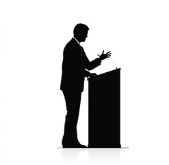 Silhouette of a male speaker giving a presentation or speech at a podium stand isolated on white background