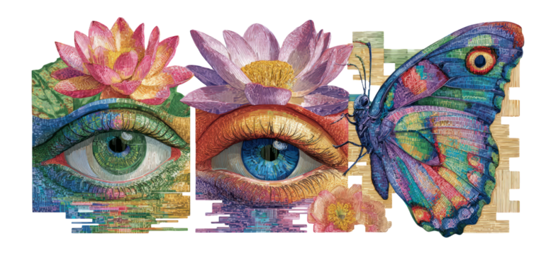 Colorful Eye Artwork with Butterfly and Lotus Flowers on Transparent Background