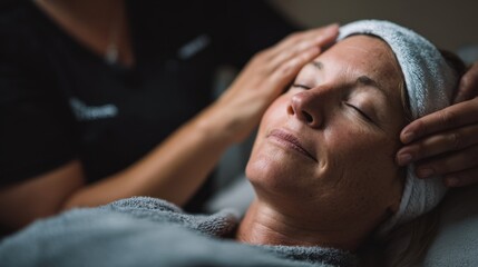 A middle-aged Caucasian woman receives a facial treatment in a spa. A therapist gently massages her forehead. Soft lighting creates a calming atmosphere.