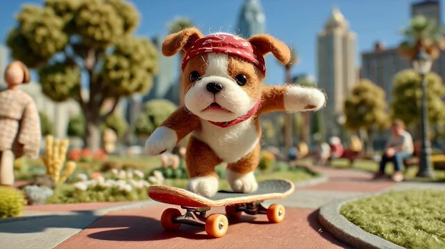 Animated puppy skateboarding in urban park with trees and buildings