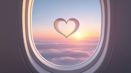 valentine distance couple View from an airplane window showing clouds and a heart shape formed by condensation at sunset.