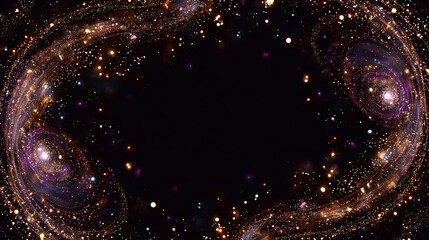 Artistic cosmic scene, spiraling galaxies, stellar dust, glowing orbs on a dark void background