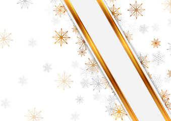 Abstract white and golden geometric Christmas winter background with snowflakes