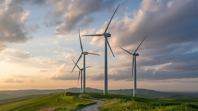 Majestic wind turbines stand tall on a lush green hill under a dramatic cloudy sky at sunset