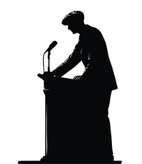 Silhouette of a speaker giving a presentation at a podium with a microphone