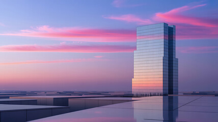 Modern glass skyscraper reflecting vibrant pink and purple sunset clouds over a calm urban waterfront landscape