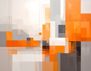 Geometric, abstract composition featuring squares and rectangles in orange and gray