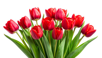 Red tulips with fresh green stems and petals in bloom, isolated on transparent background png file.