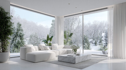 Serene winter living room with snowy landscape view outside