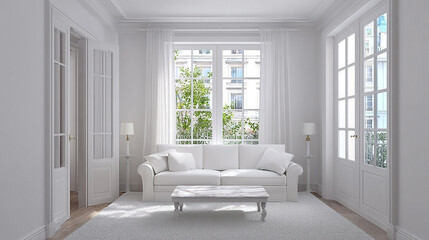 Bright, all-white living room with minimalist, soft design.