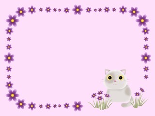 frame with flowers紫の花とネコの背景　B-3