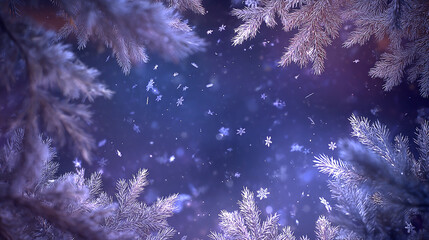 Snowflakes gently falling through the air and soft fir trees