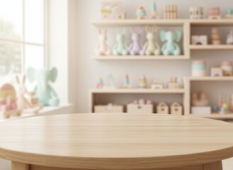 Blurred toy store background with shelves of colorful wooden blocks, teddy bears and educational toys, wooden table in foreground, playful retail interior for childhood fun and learning