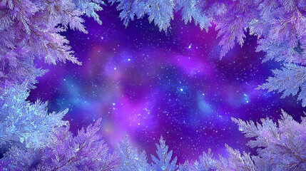 Dreamy purple cosmos framed by snow dusted pine branches
