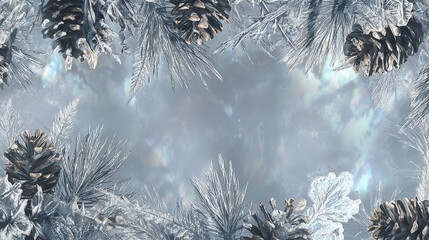 Iced pinecones and needles create a wintery background art