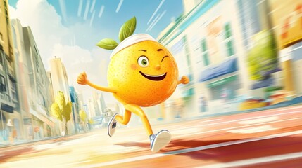 28.A cute and energetic cartoon lemon with running shoes and a white sweatband, sprinting along a marathon track with motion lines emphasizing speed, set against a bright and colorful cityscape with
