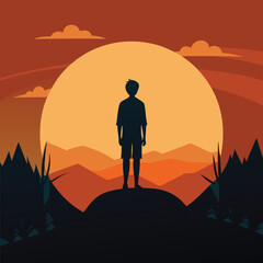 the boy standing on top of a mountain with the sun setting behind him