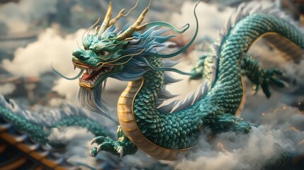 Fototapeta premium 70.A dynamic scene of a green and blue Chinese dragon weaving through stormy clouds, lightning illuminating its intricate scales and fierce expression, capturing the mythical creature's power.
