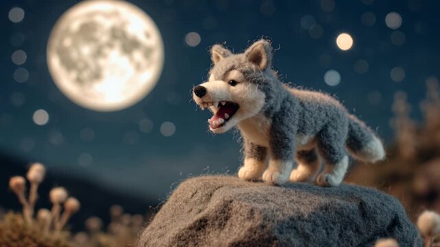 Animated wolf cub howling at the moon against a night sky background