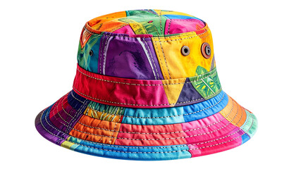 Colorful old bucket hat with vibrant patterns and stitched details, isolated on white background.