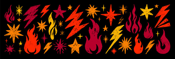 Fire thunder star doodle icon. Flame lightning bolt star flash crayon pencil simple scribble set. Hand drawn doodle grafitti icon. Vector watercolor chalk scribble. Cartoon element illustration bg