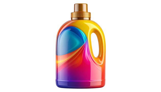 Colorful liquid detergent bottle with sleek design and bright label, isolated on transparent background PNG