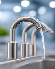 Stainless steel faucets with running water in modern kitchen setting