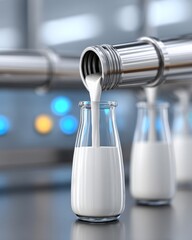 Milk bottling process in industrial dairy factory setting