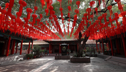 Vibrant red lanterns hang from tree branches creating a festive canopy overhead
