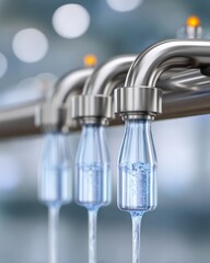 Automated bottling line with flowing water into glass bottles in industrial setting