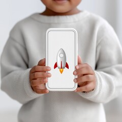 Child holding smartphone with rocket icon on screen
