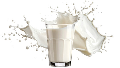 Glass of milk with dynamic splash effect, frozen motion style, isolated on transparent background with png