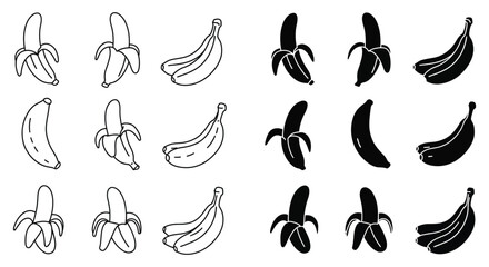 Various stages of banana ripeness depicted in monochrome line art style © Jesmin