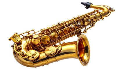 Tenor saxophone with elegant curves, detailed keys and mouthpiece, isolated on transparent background png.