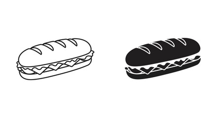 A black and white illustration depicting two different style sandwiches