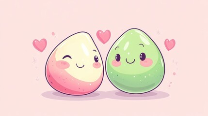 40.A kawaii-style avocado character duo, one half with a smiling face and the other half with its pit as a heart, designed in a soft pastel color palette with smooth shading and clean outlines.