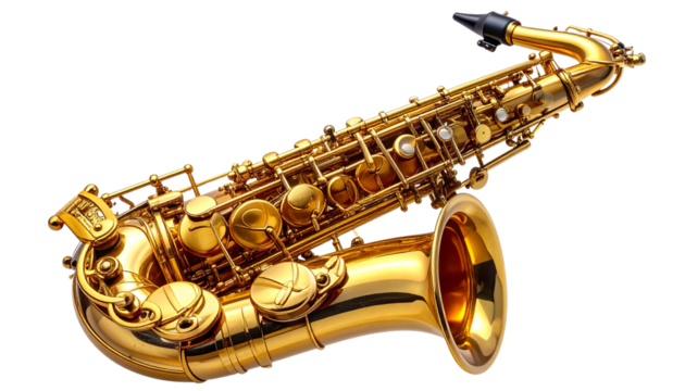 Tenor saxophone with elegant curves, detailed keys and mouthpiece, isolated on transparent background png.
