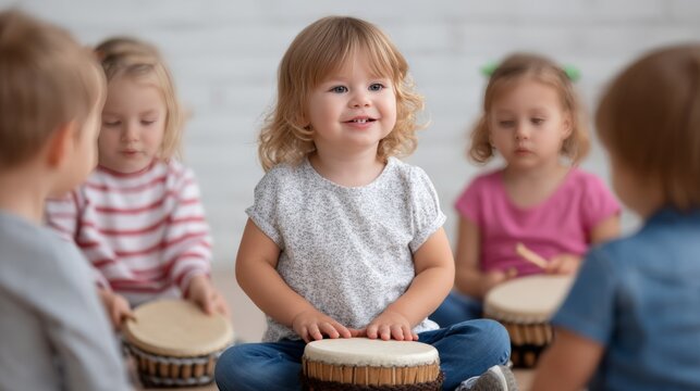 Young caucasian children playing drums in group music session
