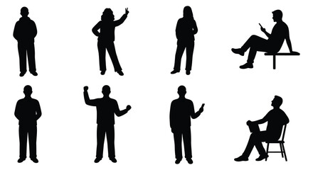 Silhouettes of people in various poses standing and seated isolated on white