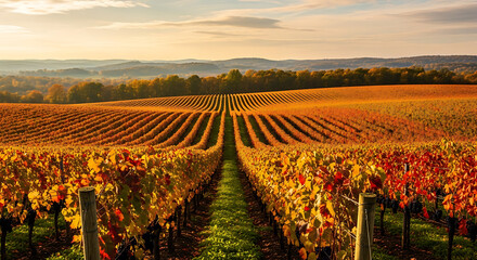Fototapeta premium A panoramic view of a lush vineyard in autumn, with rows of grapevines showing vibrant fall colors, under a soft, golden sky. Focus on agriculture and seasons. 