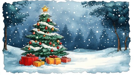 Obraz premium Cartoon style Christmas tree with gifts watercolor vector illustration, white background transparent PNG, high resolution sticker design for holiday cards