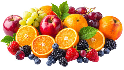 Assorted mixed fruits including apple, orange, grapes, and berries, vibrant colors, png file.