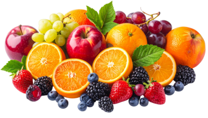 Assorted mixed fruits including apple, orange, grapes, and berries, vibrant colors, png file.