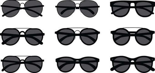 Black Silhouette Set of Diverse Aviator and Classic Sunglasses Frames, Fashion Eyewear Vector Collection for Summer Style and Optical Design Elements