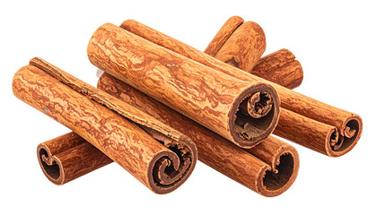 Cinnamon sticks with natural brown texture and curled ends, isolated on png.
