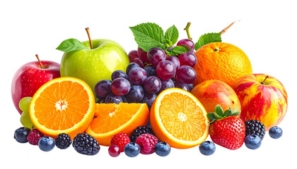 Assorted mixed fruits including apple, orange, grapes, and berries, vibrant colors, isolated on transparent background png.