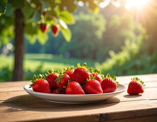 Fresh Strawberries on a Plate in Garden Setting.