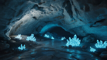 Enchanting subterranean cave illuminated by glowing blue crystals and ethereal light